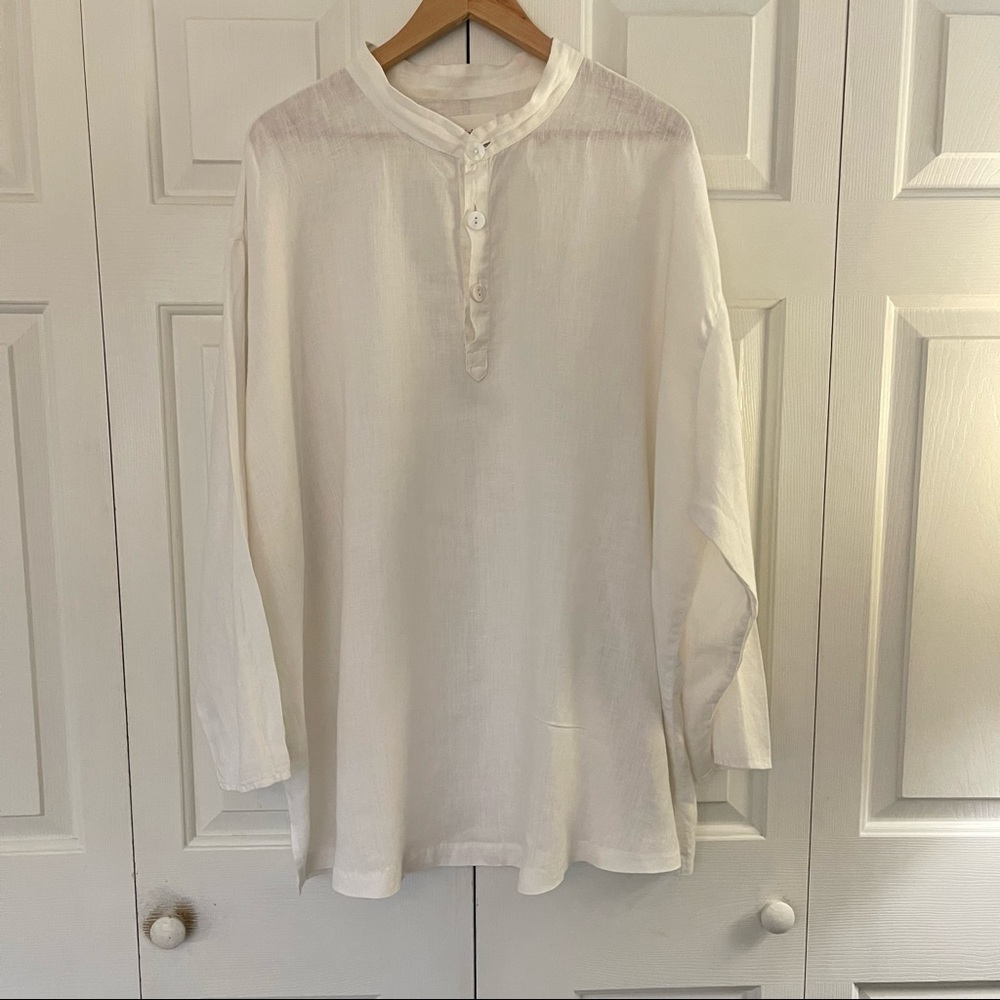 FLAX 100% linen off white collarless tunic blouse long sleeves large